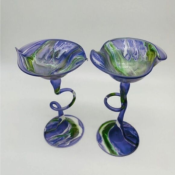 Flame Glow Penco Hand Blown Delicate Candle Holders Art Glass Purple - Picture 1 of 10